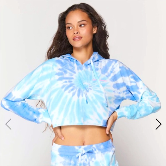 Spiritual Gangster Tops - Spiritual Gangster Luna Crop Hoodie Aruba Blue White Tie Dye Terry S NWOT